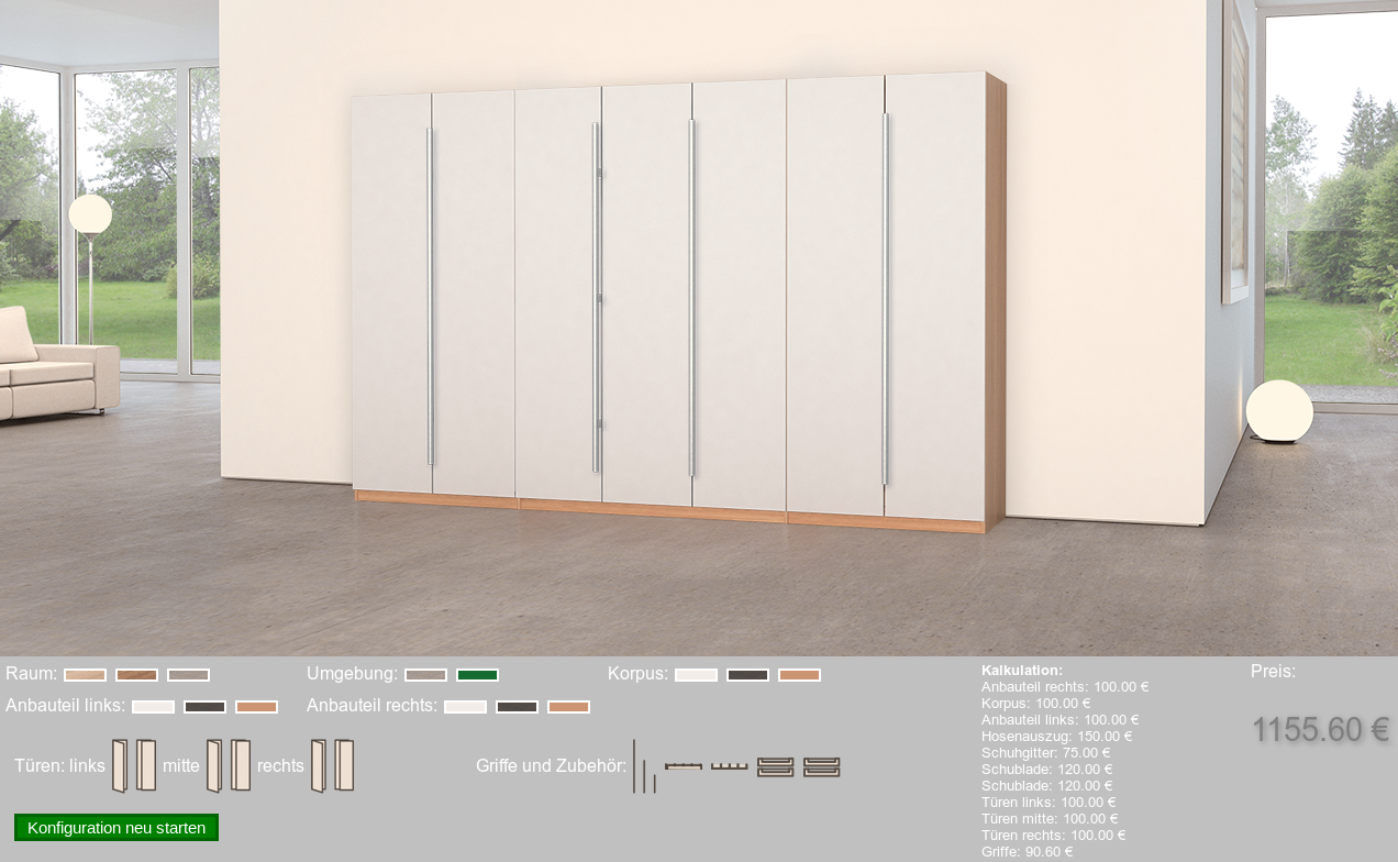 3D-Produktkonfigurator für Möbel - vollständig konfiguriertes Produkt mit Preiskalkulation 3D-Produktkonfigurator für Möbel - vollständig konfiguriertes Produkt mit Preiskalkulation