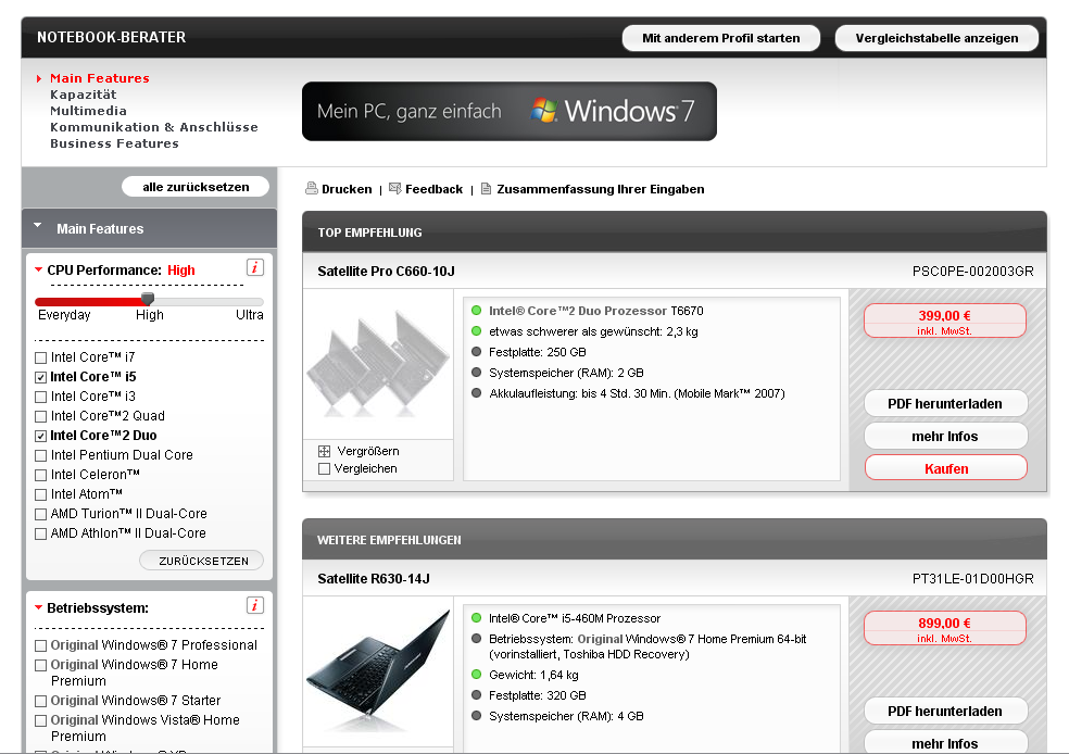 Abbildung 3 - Praktische Umsetzung einer Facettensuche für Notebooks bei Toshiba Abbildung 3 - Praktische Umsetzung einer Facettensuche für Notebooks bei Toshiba