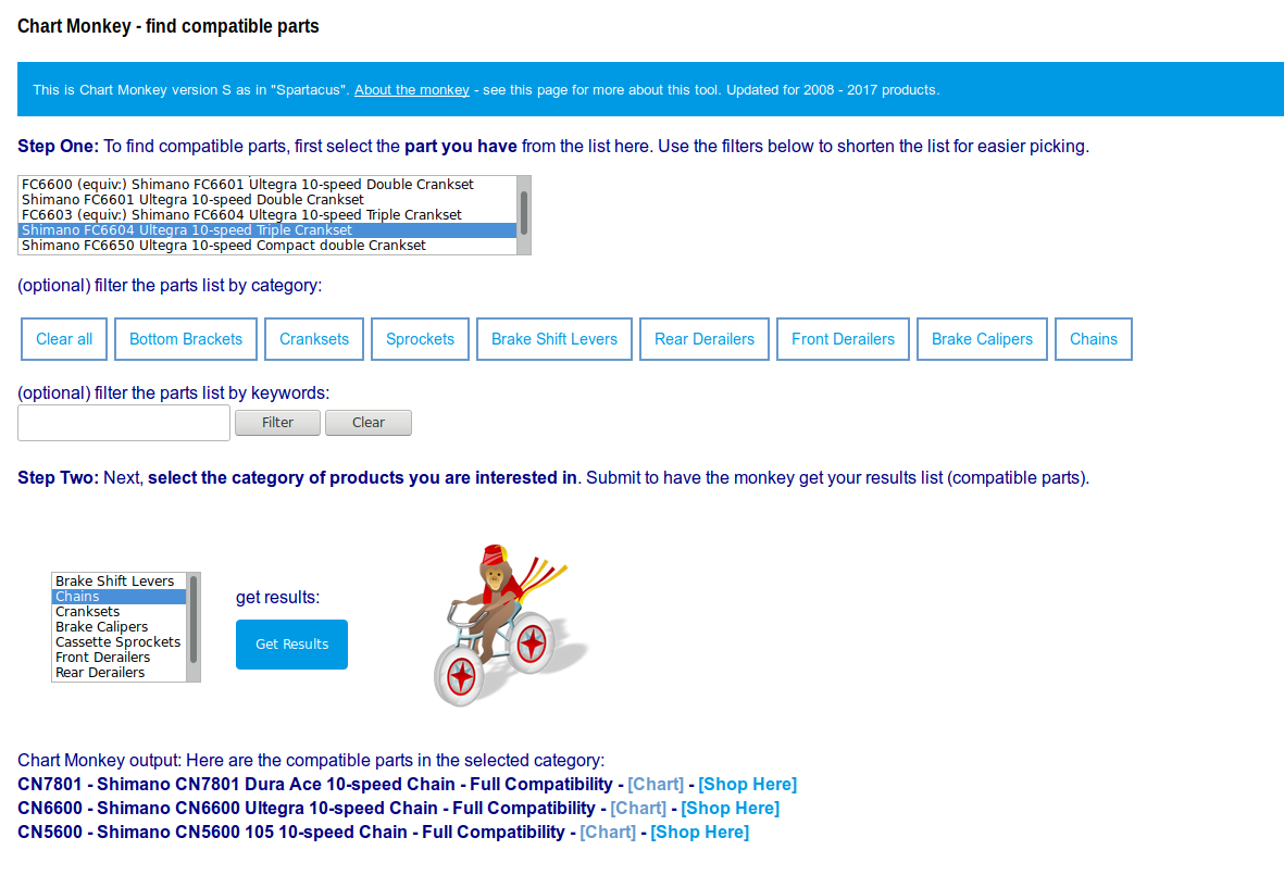 Beispiel für sinnvolle Produktkonfiguratoren: Beispiel für sinnvolle Produktkonfiguratoren: Chart Monkey für Shimano Fahrrad-Komponenten